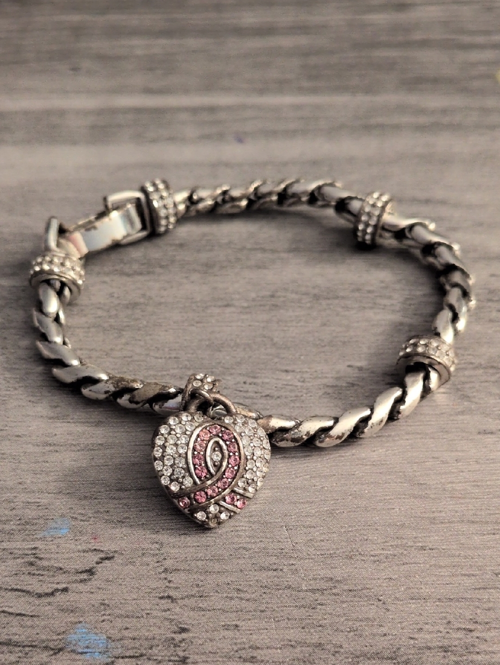 Brighton Silver Heart Charm Bracelet with Pink & Clear Crystals 6"
